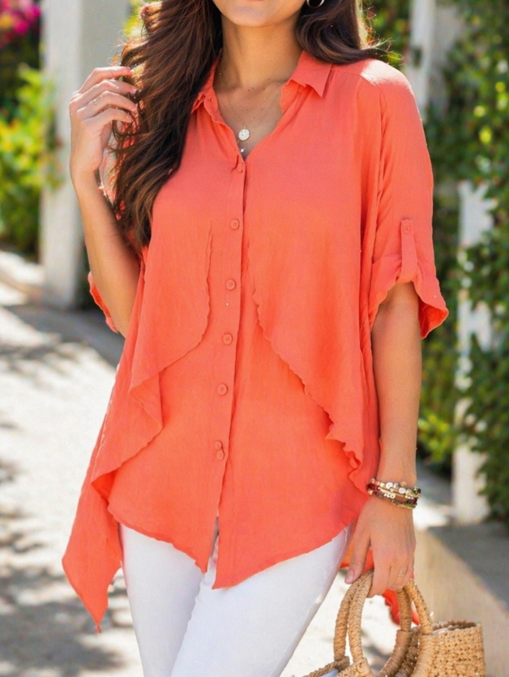 Red Coral Rayon Blend Asymmetrical Ruffle Tunic Blouse Button Front Flowy Boho